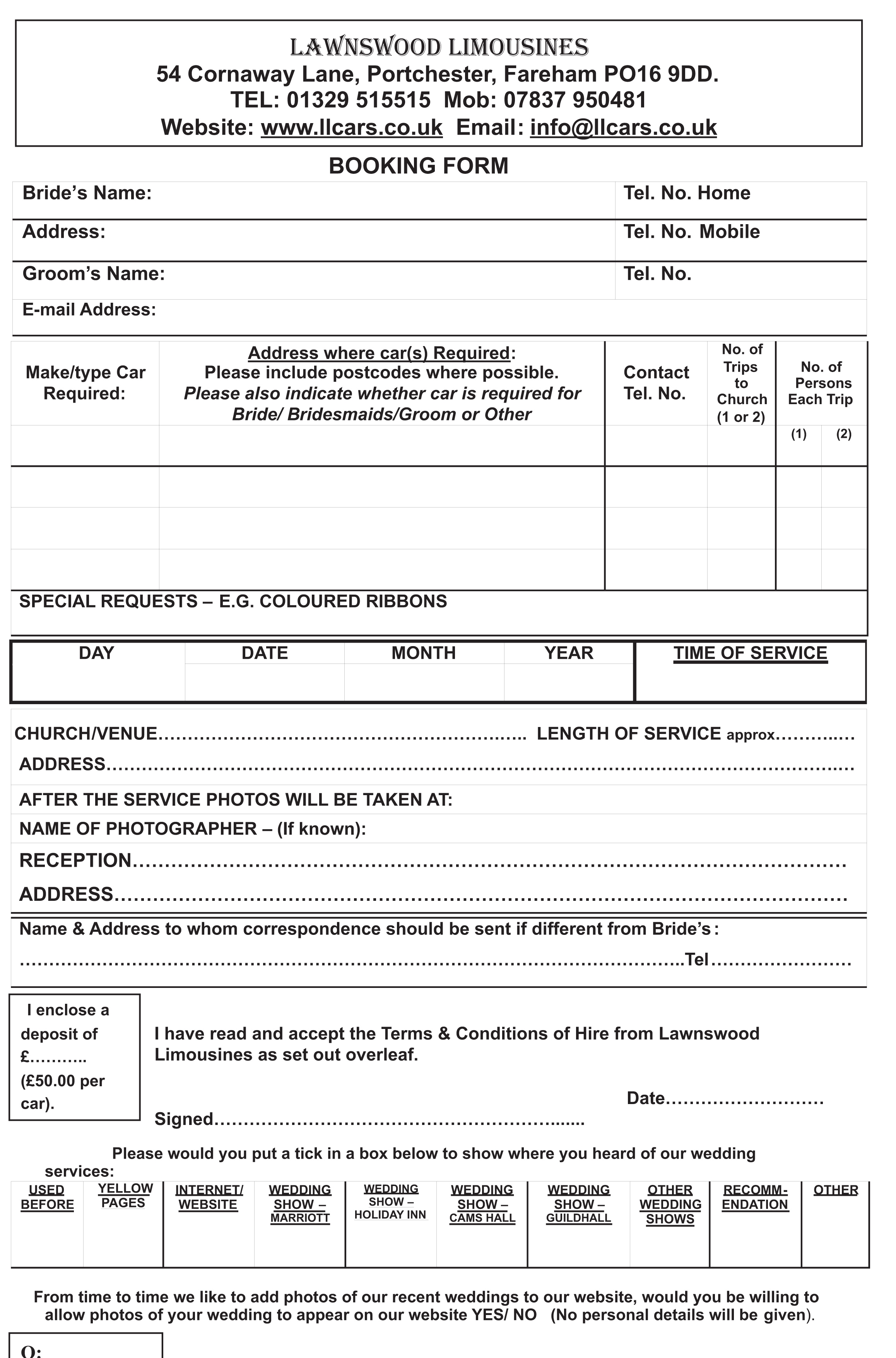 Lawnswood Limousines Booking Form